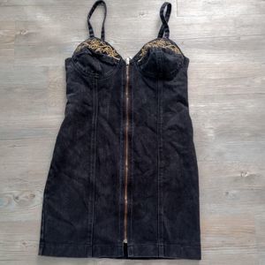 Y2K Black Denim Zip Bodycon Mini Grunge Dress